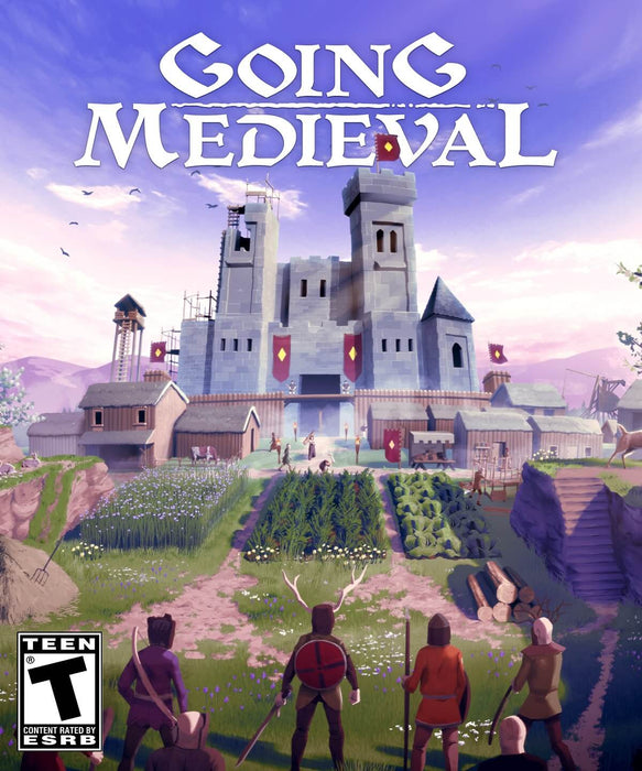 Cover art of Going Medieval for PC on Steam, featuring a medieval castle under construction with villagers working on fields and fortifications. Get your digital Steam key instantly at RushGame.co