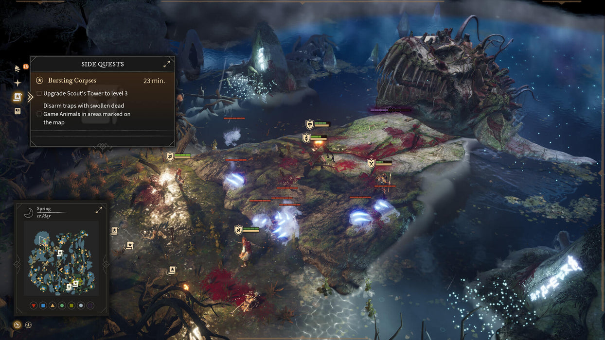 Gameplay screenshot - Intense nighttime battle in Gord on PC (Steam), with defenders protecting their settlement from enemies lurking in the darkness. Buy your Gord PC Steam CD Key at RushGame.co and experience a thrilling dark-fantasy survival strategy game