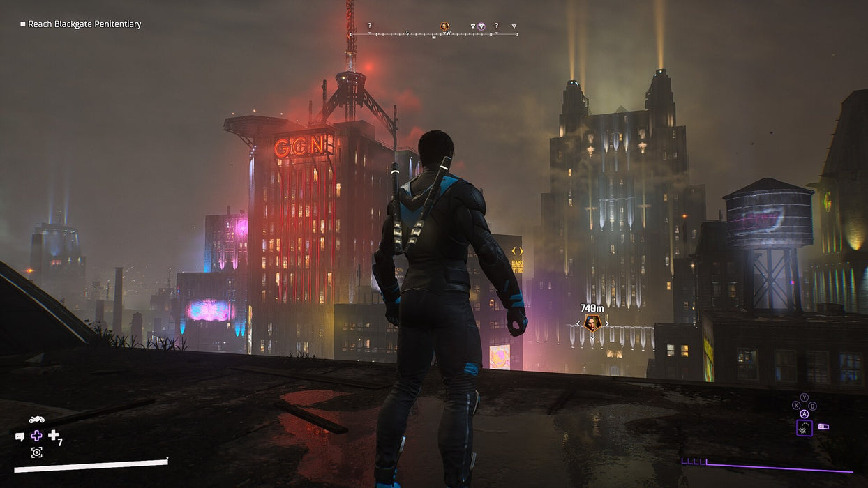 Atmospheric Gotham Knights PC Steam gameplay screenshot with Nightwing surveying the glowing cityscape from a rooftop. Get your Gotham Knights PC Steam CD Key at RushGame.co and step into the role of Gotham’s protectors
