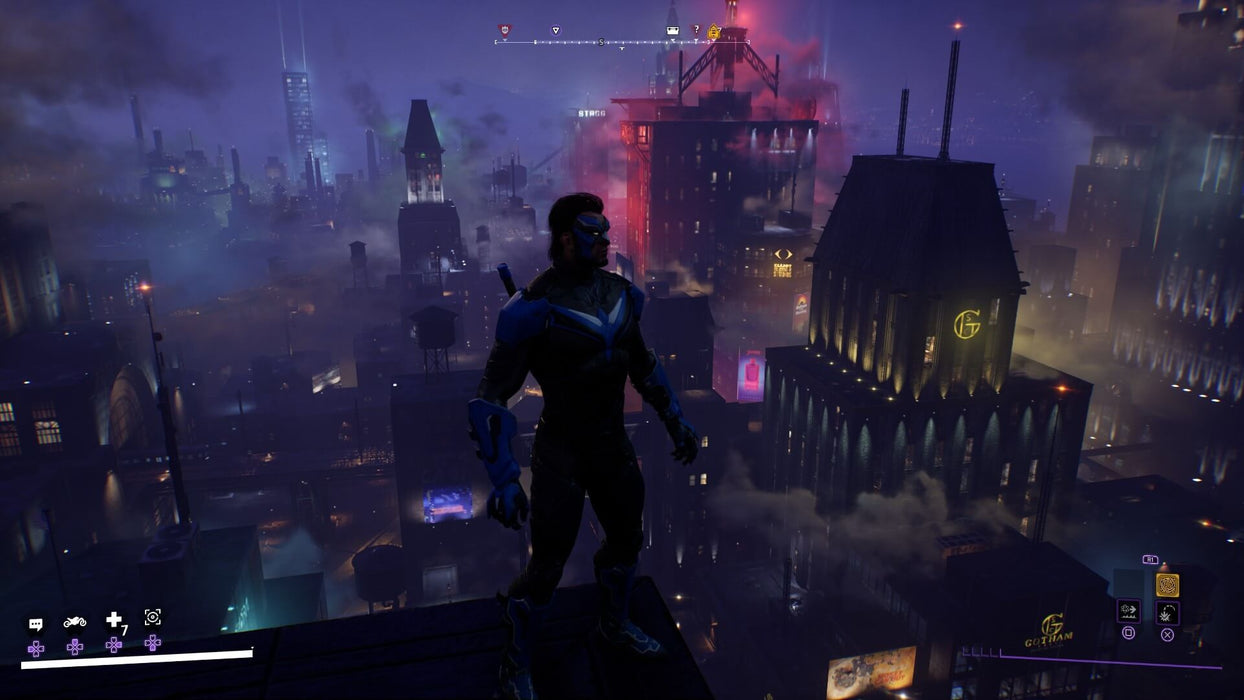 Gotham Knights PC Steam in-game screenshot showing Nightwing standing on a rooftop, overlooking Gotham’s foggy skyline illuminated by neon lights. Buy your Gotham Knights PC Steam CD Key at RushGame.co and take on the city’s deadliest threats