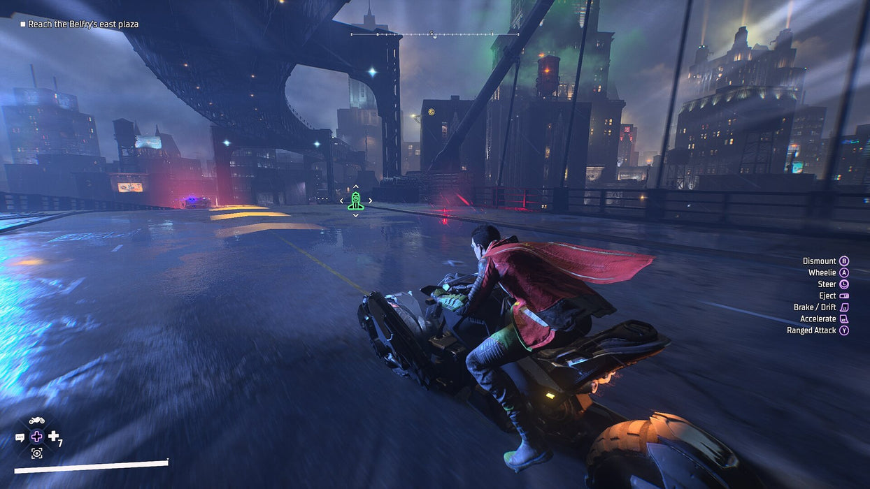 Gotham Knights PC Steam gameplay screenshot featuring Robin speeding through the dark streets of Gotham on a futuristic Batcycle. Get your Gotham Knights PC Steam CD Key at RushGame.co and experience intense open-world action