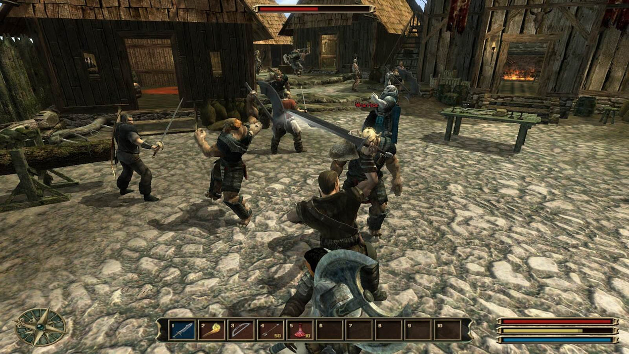 Gothic 3 PC Steam gameplay screenshot showing an intense melee battle in a medieval village. Players engage in sword fights with warriors in an open-world RPG setting. Get your Gothic 3 PC Steam CD Key now at RushGame.co and experience dynamic combat and deep storytelling