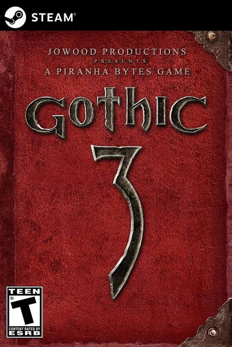 cover art for Gothic 3 on PC (Steam), featuring the game's signature red medieval-style design with a bold metal title. Buy your Gothic 3 PC Steam CD Key at RushGame.co and explore an epic open-world RPG adventure