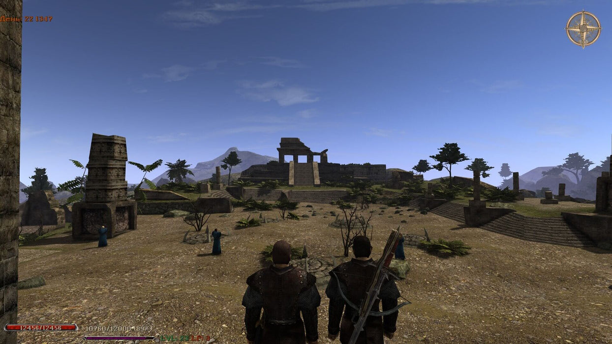 Gothic II: Gold Edition PC Steam in-game screenshot featuring two warriors approaching ancient temple ruins under a bright blue sky. Get your Gothic II: Gold Edition PC Steam CD Key at RushGame.co and embark on an epic quest filled with danger and mystery