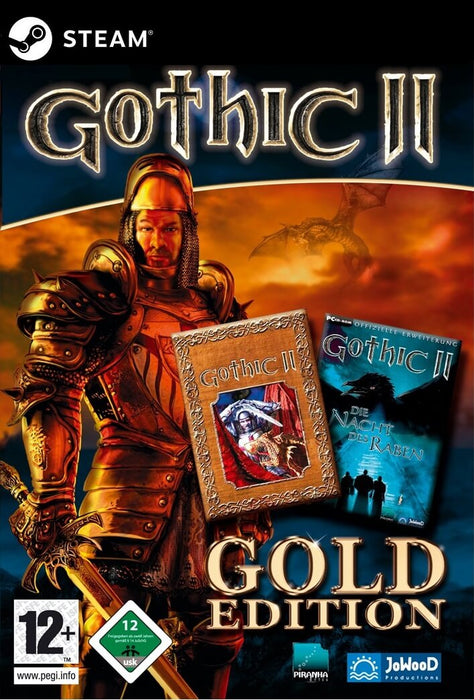 cover art for Gothic II: Gold Edition on PC (Steam), featuring a knight in golden armor with the original game and expansion pack 'Night of the Raven'. Buy your Gothic II: Gold Edition PC Steam CD Key at RushGame.co and experience a legendary RPG adventure