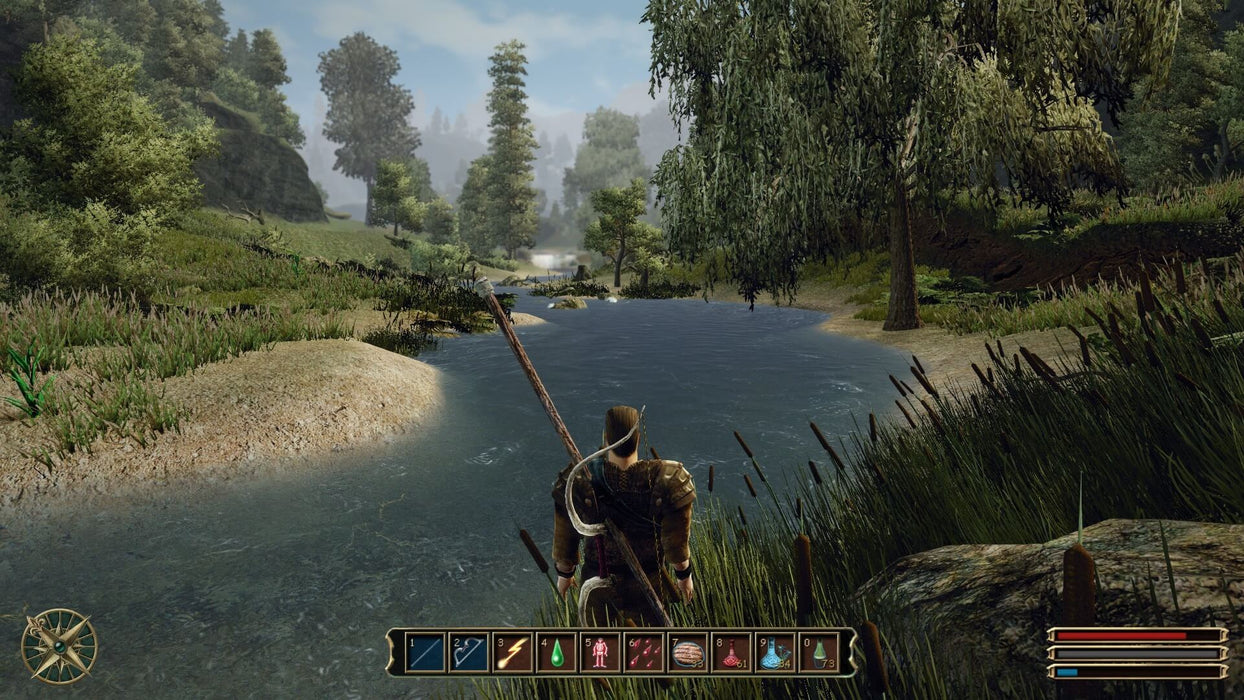 Gameplay screenshot from Gothic Universe Edition on PC, showing a warrior exploring a lush riverside landscape with a bow in hand. Buy your Gothic Universe Edition Steam CD Key today at RushGame.co and embark on an epic adventure