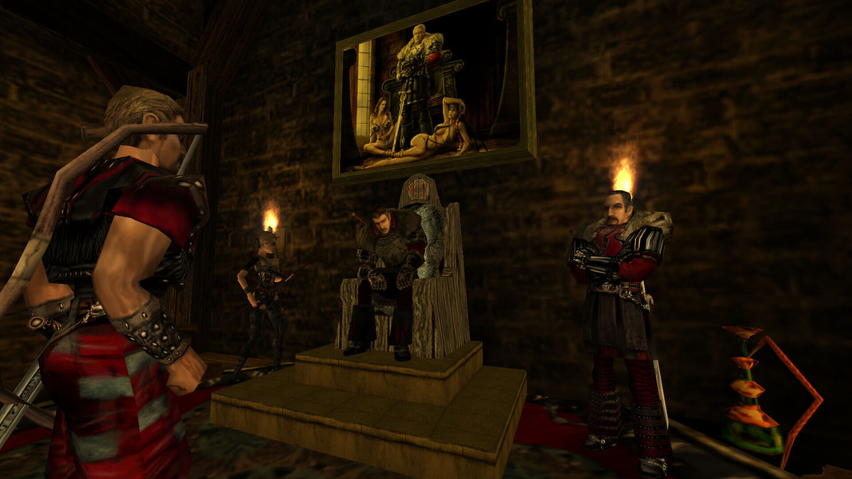 Gameplay screenshot - A scene from Gothic Universe Edition for PC on Steam, featuring a nobleman on a stone throne, surrounded by armored guards in a dimly lit medieval hall. Get your Steam CD Key now at RushGame.co and explore the world of Gothic