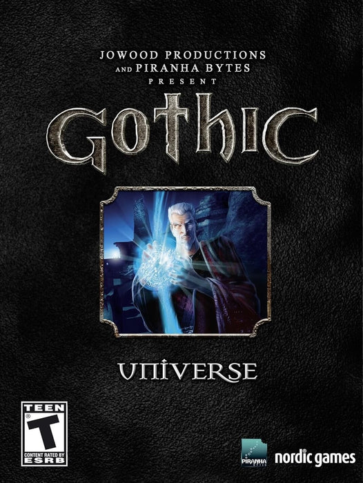 cover art of Gothic Universe Edition for PC on Steam, featuring a dark medieval design with a mysterious sorcerer conjuring magical energy. Buy Gothic Universe Edition Steam CD Key at RushGame.co and relive the legendary RPG saga