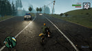 GTA San Andreas: The Definitive Edition gameplay on Xbox One, depicting CJ riding a dirt bike on a wet countryside road while a police car follows in pursuit. Secure your Grand Theft Auto Trilogy CD Key now at RushGame.co