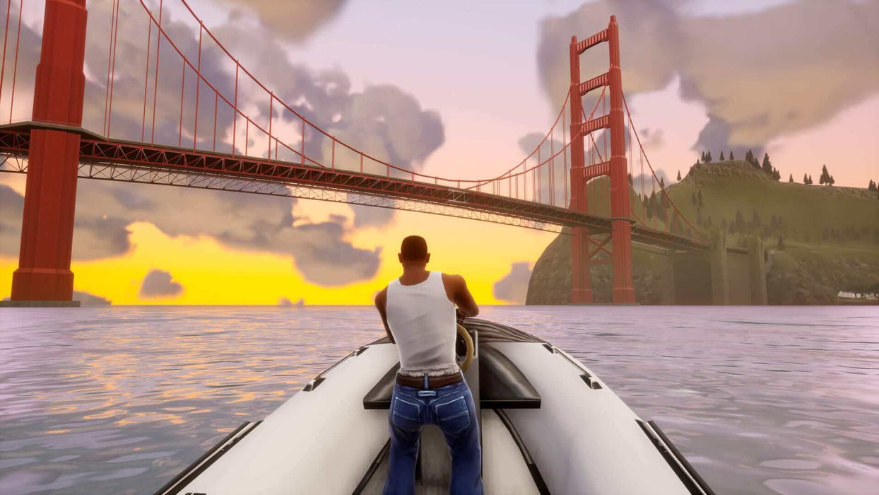 Gameplay screenshot - Remastered Grand Theft Auto: San Andreas gameplay on Xbox One, featuring CJ driving a speedboat under a massive suspension bridge at sunset. Purchase your GTA Trilogy Definitive Edition Xbox One CD Key at RushGame.co for instant activation