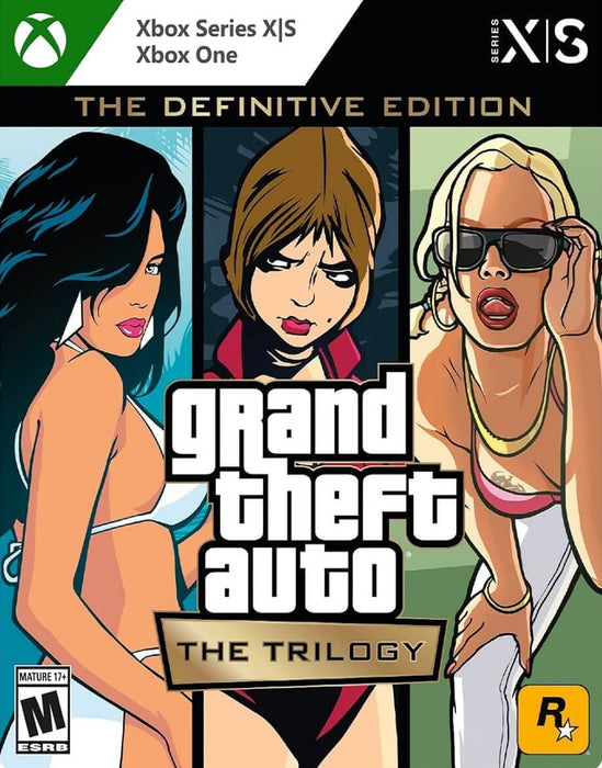 Cover art for Grand Theft Auto: The Trilogy - The Definitive Edition on Xbox One, featuring iconic artwork from GTA III, Vice City, and San Andreas. Get your digital GTA Trilogy Xbox One CD Key at RushGame.co with instant delivery