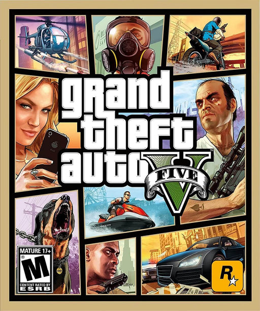 The cover art of Grand Theft Auto V for Rockstar Social Club, featuring iconic characters, action scenes, and vehicles. Buy your GTA V + Great White Shark Cash Card CD Key at RushGame.co and enjoy the ultimate open-world experience