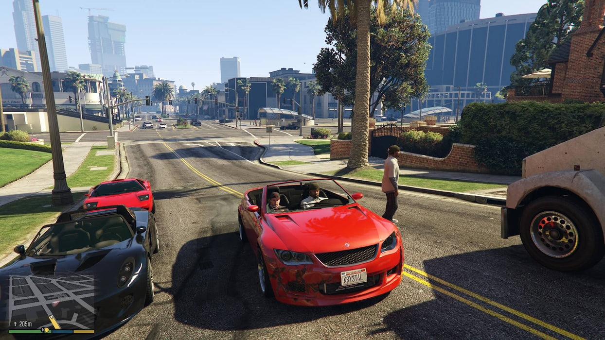 Gameplay screenshot - street traffic A high-speed chase in the streets of Los Santos as players drive luxury sports cars in Grand Theft Auto V for Xbox One. Jump into action with the Premium Online Edition and Great White Shark Card—buy your CD Key now at RushGame.co