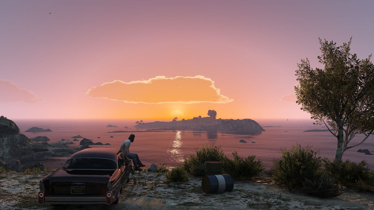 Gameplay screenshot - A player in Grand Theft Auto V for Xbox One sits on the hood of a classic car, gazing at a breathtaking ocean sunset. Experience the beauty of Los Santos and expand your empire with the GTA V Premium Online Edition CD Key from RushGame.co