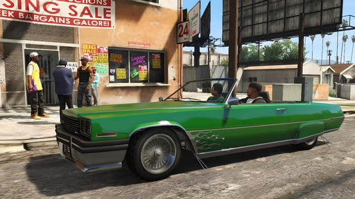 Gameplay screenshot - A stylish green lowrider cruises through the urban streets of Los Santos in GTA V for PC. Customize vehicles, expand your empire, and dominate GTA Online—get your GTA V Premium Online Edition PC CD Key today at RushGame.co