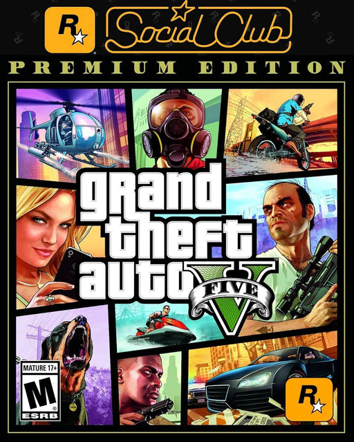 Cover art of Grand Theft Auto V: Premium Online Edition for PC via Rockstar Social Club, featuring high-action scenes with helicopters, motorbikes, and the game's main characters. Get your GTA V Premium Online Edition PC CD Key at RushGame.co and enjoy exclusive online bonuses