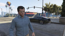 Michael De Santa in Grand Theft Auto V on Xbox One, standing near a stylish black muscle car with the Burger Shot restaurant in the background. Get your GTA V Xbox One digital key instantly at RushGame.co
