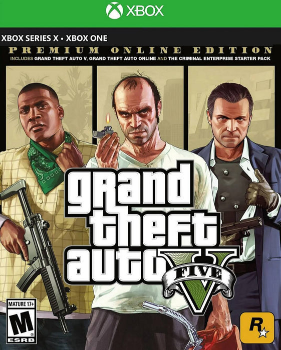 Cover art for Grand Theft Auto V: Premium Online Edition on Xbox One, featuring main characters Michael, Franklin, and Trevor. Buy your GTA V Xbox One CD Key at RushGame.co for instant digital delivery