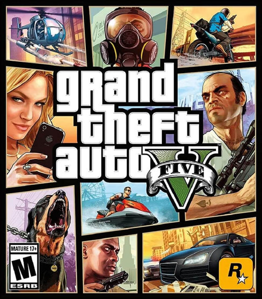 Official cover art of Grand Theft Auto V for Rockstar Social Club, featuring the game's three protagonists, action-packed scenes, and iconic vehicles. Buy your GTA V Rockstar Social Club CD Key for North America at RushGame.co and experience the ultimate open-world adventure