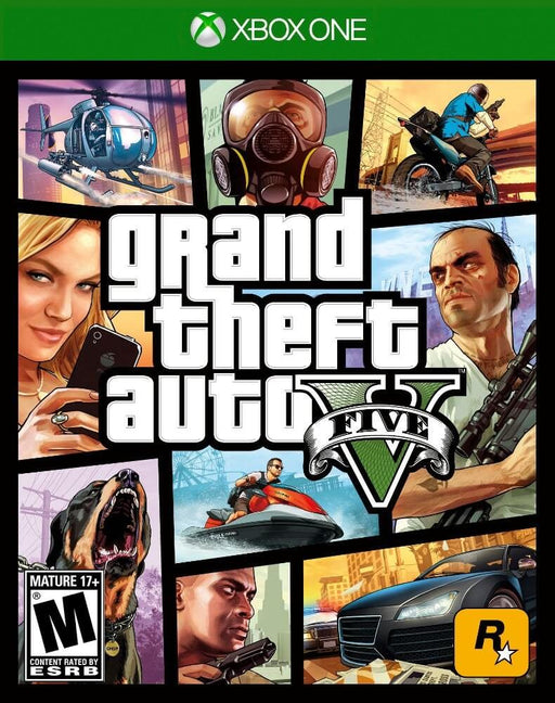 Official cover art of Grand Theft Auto V for Xbox One, featuring Trevor, Michael, and Franklin, along with action-packed scenes of heists, high-speed chases, and explosions. Buy your GTA V Xbox One CD Key US at RushGame.co and explore the streets of Los Santos