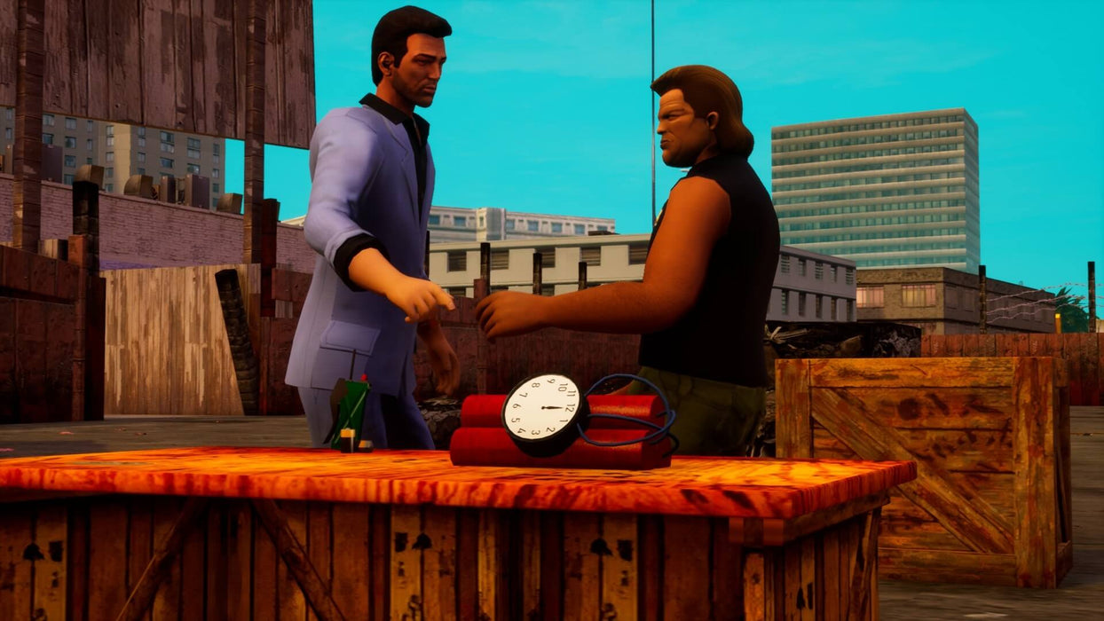 Gameplay screen - GTA Vice City on PC Steam – Tommy Vercetti in a business deal cutscene, exchanging cash in front of a table with a time bomb. Get your Grand Theft Auto: Vice City CD Key instantly at RushGame.co