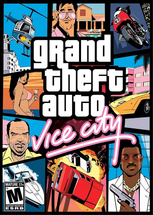 cover art for Grand Theft Auto: Vice City on PC Steam, featuring classic artwork with neon aesthetics and action-packed scenes. Get your GTA Vice City Steam CD Key instantly at RushGame.co