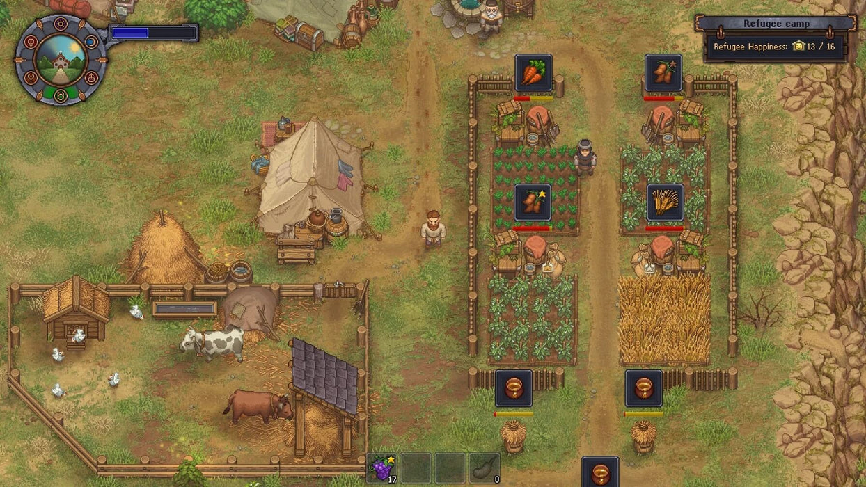 Gameplay screenshot - Graveyard Keeper PC Steam gameplay, depicting a refugee camp with farm plots, animals, and various resources being managed by the player. Secure your Graveyard Keeper CD Key at RushGame.co for instant delivery
