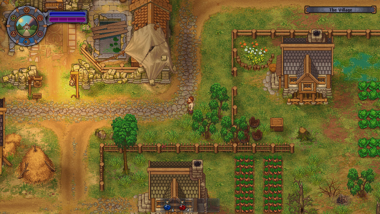 Top-down gameplay of Graveyard Keeper on PC Steam, with the main character exploring a medieval village with farms, houses, and a bustling marketplace. Purchase your Graveyard Keeper digital key now at RushGame.co