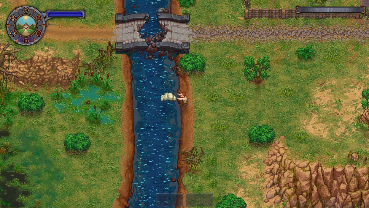 Gameplay screenshot - Graveyard Keeper gameplay on PC Steam, showing the protagonist disposing of a body in a flowing river near a broken bridge. Get your Graveyard Keeper CD Key instantly at RushGame.co