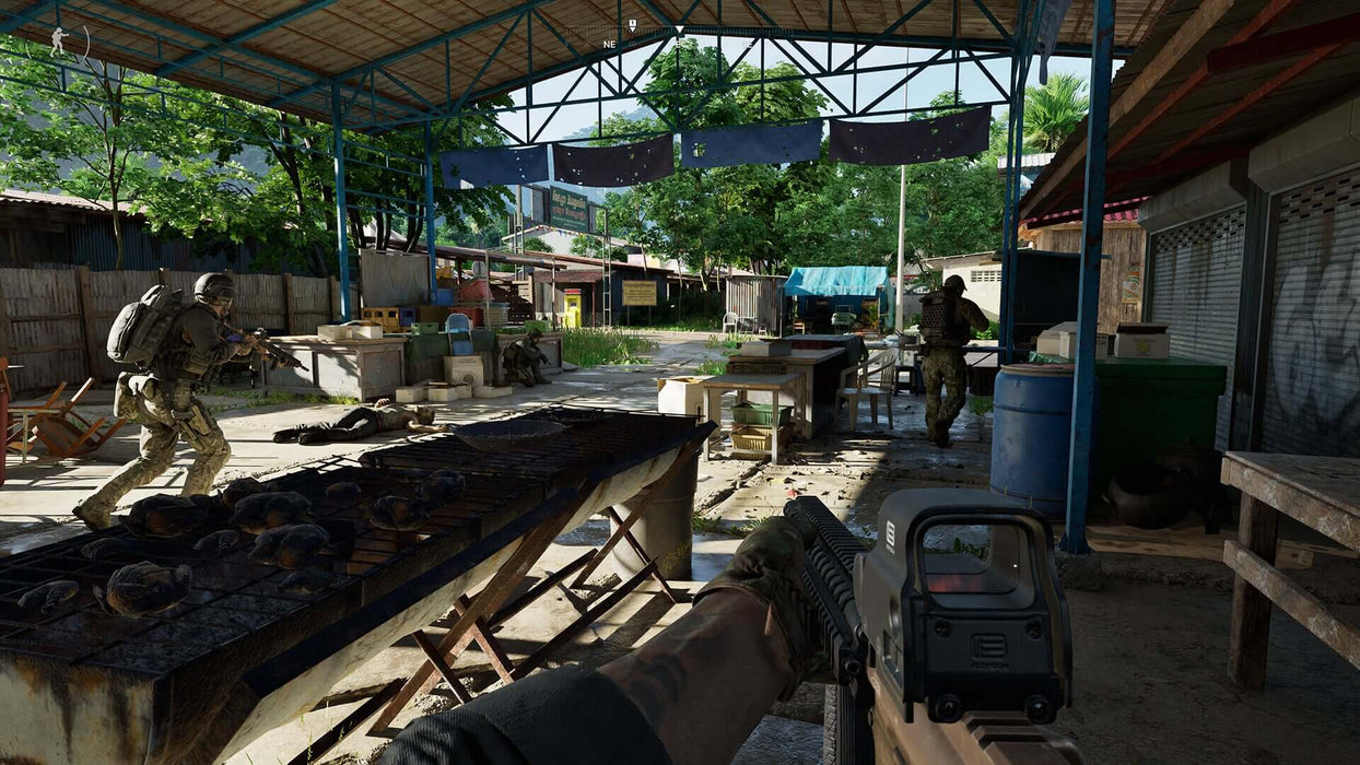 Gameplay screenshot - Tactical Combat in the Market Area
"First-person shooter action in Gray Zone Warfare on PC Steam, with heavily armed soldiers engaging in combat inside an abandoned marketplace. Purchase your Gray Zone Warfare CD Key instantly at RushGame.co