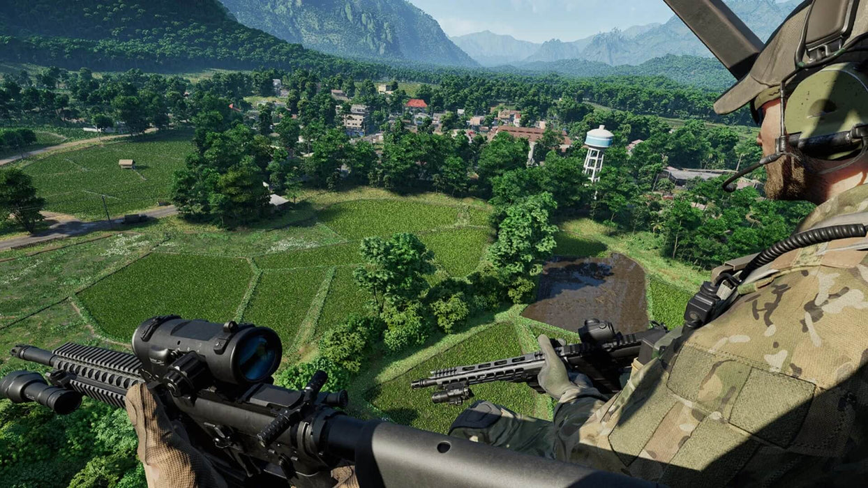 Gameplay screenshot - Aerial View from Helicopter
"Gray Zone Warfare gameplay on PC Steam, showing a tactical soldier aiming from a helicopter over a lush jungle and village. Buy your Gray Zone Warfare Steam CD Key now at RushGame.co