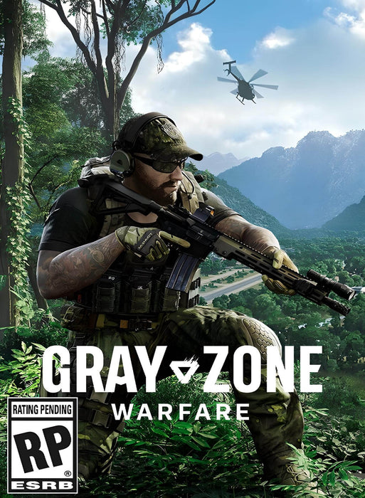 Cover art for Gray Zone Warfare on PC Steam, featuring a tactical soldier in a jungle setting with a helicopter in the background. Get your Gray Zone Warfare Steam CD Key instantly at RushGame.co