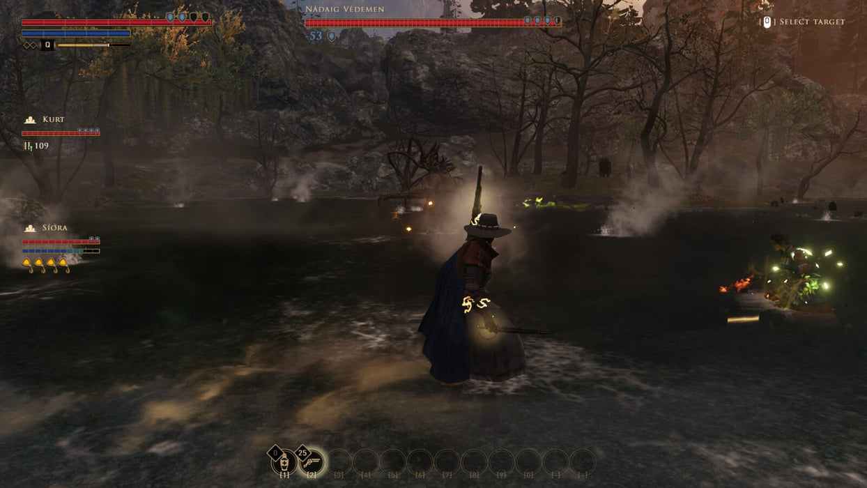 Gameplay screenshot from GreedFall on PC Steam, showing a player battling a monstrous creature in a misty swamp. Experience thrilling tactical combat—purchase your GreedFall CD key instantly at RushGame.co