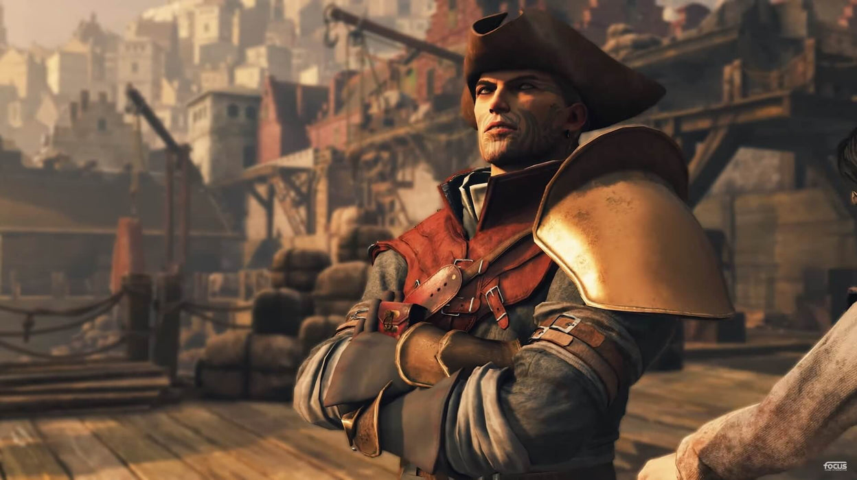 Gameplay screen - Close-up of a warrior in GreedFall for PC Steam, wearing a tricorn hat and colonial-style armor, standing in a bustling port town. Buy your GreedFall activation key now at RushGame.co and explore a world of intrigue and magic