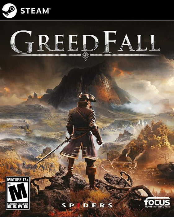 Cover art of GreedFall for PC Steam, featuring a lone adventurer gazing over a mysterious island with volcanic landscapes. Get your GreedFall CD key instantly at RushGame.co and embark on an epic RPG adventure