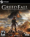 Cover art of GreedFall for PC Steam, featuring a lone adventurer gazing over a mysterious island with volcanic landscapes. Get your GreedFall CD key instantly at RushGame.co and embark on an epic RPG adventure