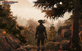 GreedFall gameplay for Xbox One, showing the main character standing on a rocky ledge, overlooking a vast forest with mist-covered mountains in the distance. Discover the world of GreedFall—purchase your CD key now at RushGame.co