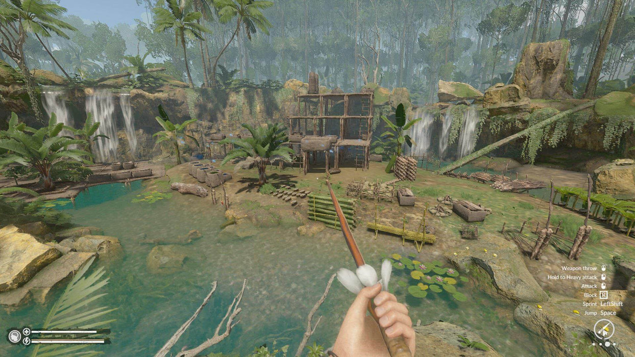 In-game screenshot from Green Hell on PC Steam, showing a handcrafted survival base near a cascading waterfall in the Amazon rainforest. Build, hunt, and survive—get your Green Hell CD key today at RushGame.co