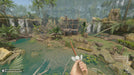 In-game screenshot from Green Hell on PC Steam, showing a handcrafted survival base near a cascading waterfall in the Amazon rainforest. Build, hunt, and survive—get your Green Hell CD key today at RushGame.co