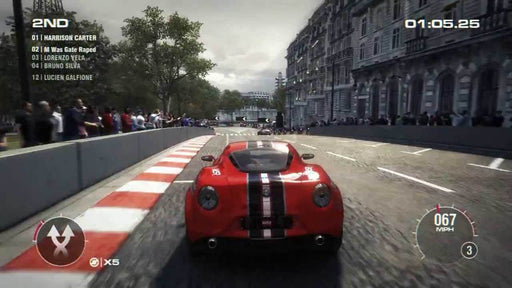 GRID 2 PC Steam gameplay screenshot showing a red sports car racing through the streets of Paris, with cheering crowds and historic architecture in the background. Experience intense street racing—buy your GRID 2 activation key now at RushGame.co