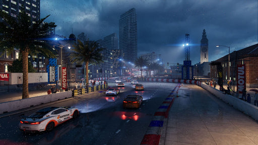 Gameplay screenshot - A neon-lit street circuit at night in GRID Legends, with racers competing under the city skyline. Buy GRID Legends Xbox One and Series X|S CD Key today at RushGame.co