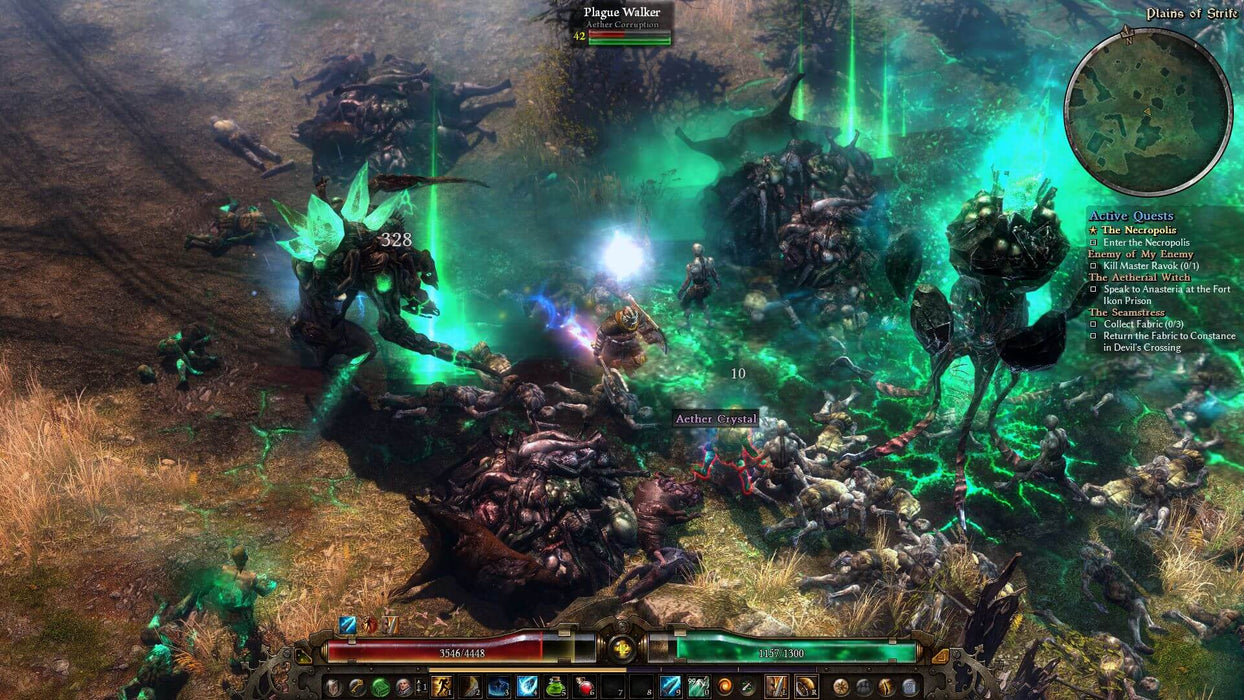 Gameplay screenshot - Action-packed battle scene from Grim Dawn on PC (GOG), showing a player character fighting monstrous Aether Corruption enemies in the Plains of Strife. Glowing green effects and intense combat highlight the game's dark fantasy ARPG mechanics. Buy your Grim Dawn PC key now at RushGame.co for instant access