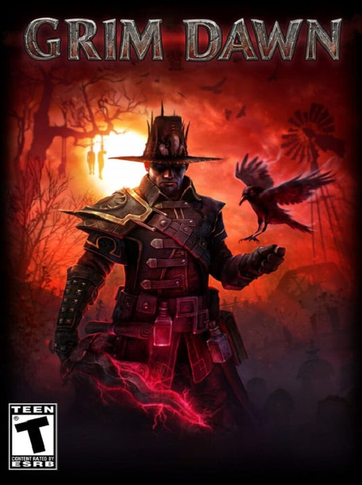 Cover art for Grim Dawn on PC, available as a GOG CD key. The artwork features a dark, armored warrior with a raven, set against a fiery apocalyptic background. Buy Grim Dawn digital key now at RushGame.co for an immersive ARPG experience