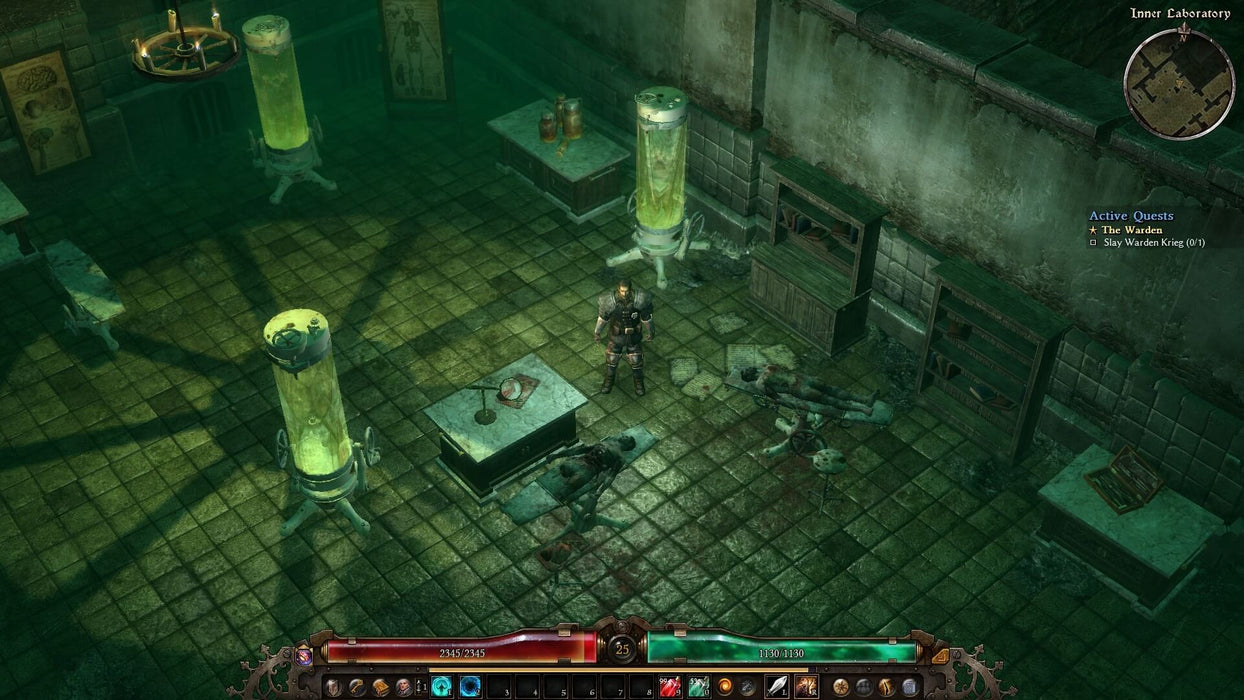 Gameplay screenshot - Inner Laboratory Screenshot
A player character exploring a dimly lit laboratory in Grim Dawn on PC (Steam), surrounded by eerie green-glowing containment tubes and mutilated corpses. The setting emphasizes the game's dark RPG elements. Buy your Grim Dawn PC Steam key now at RushGame.co for instant access