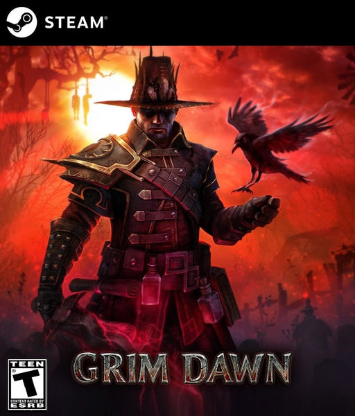 Cover art for Grim Dawn on PC, available as a Steam CD key. The artwork depicts a grim warrior in dark armor with a raven, set against a red apocalyptic sky. Buy Grim Dawn digital key now at RushGame.co for an immersive ARPG adventure
