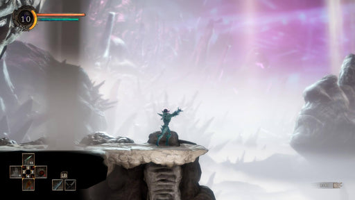 Gameplay screenshot from GRIME on Xbox One and Xbox Series X|S, showing a player character standing on the edge of a jagged cliff, arms raised towards a luminous purple sky. The atmospheric environment enhances the game's dark and surreal world. Get your GRIME Xbox CD key instantly at RushGame.co