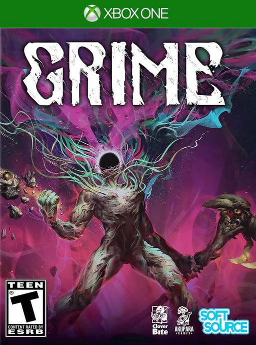Cover art for GRIME on Xbox One and Xbox Series X|S, available as a digital CD key. The artwork features a surreal humanoid creature with a black hole for a head, surrounded by vibrant cosmic energy. Buy GRIME Xbox digital key now at RushGame.co and experience this unique action RPG.