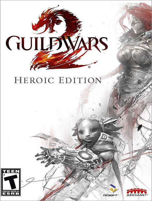 cover art for Guild Wars 2 Heroic Edition, available as a digital download CD key for the US region. The artwork features an Asura engineer in a dynamic pose alongside a fierce female warrior, set against a stylized monochrome background with red accents. Buy your Guild Wars 2 Heroic Edition CD key now at RushGame.co and embark on an epic MMORPG adventure in Tyria