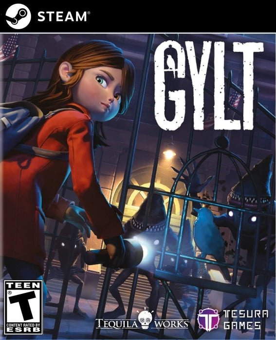 cover art for GYLT on PC, available as a Steam CD key. The artwork features a young girl holding a flashlight, cautiously looking back as eerie shadowy creatures lurk behind a fence. The dark, atmospheric setting emphasizes the game's blend of horror and adventure. Buy your GYLT Steam key now at RushGame.co and uncover the mysteries of this hauntingly beautiful narrative-driven experience