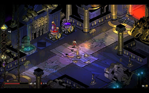 Action-packed screenshot from Hades on Xbox One and Xbox Series X|S, featuring Zagreus in an intricately designed underworld chamber with mythical decorations, glowing symbols, and battle stations. The dynamic setting sets the stage for intense fast-paced combat. Buy your Hades Xbox key now at RushGame.co and fight your way out of the Underworld